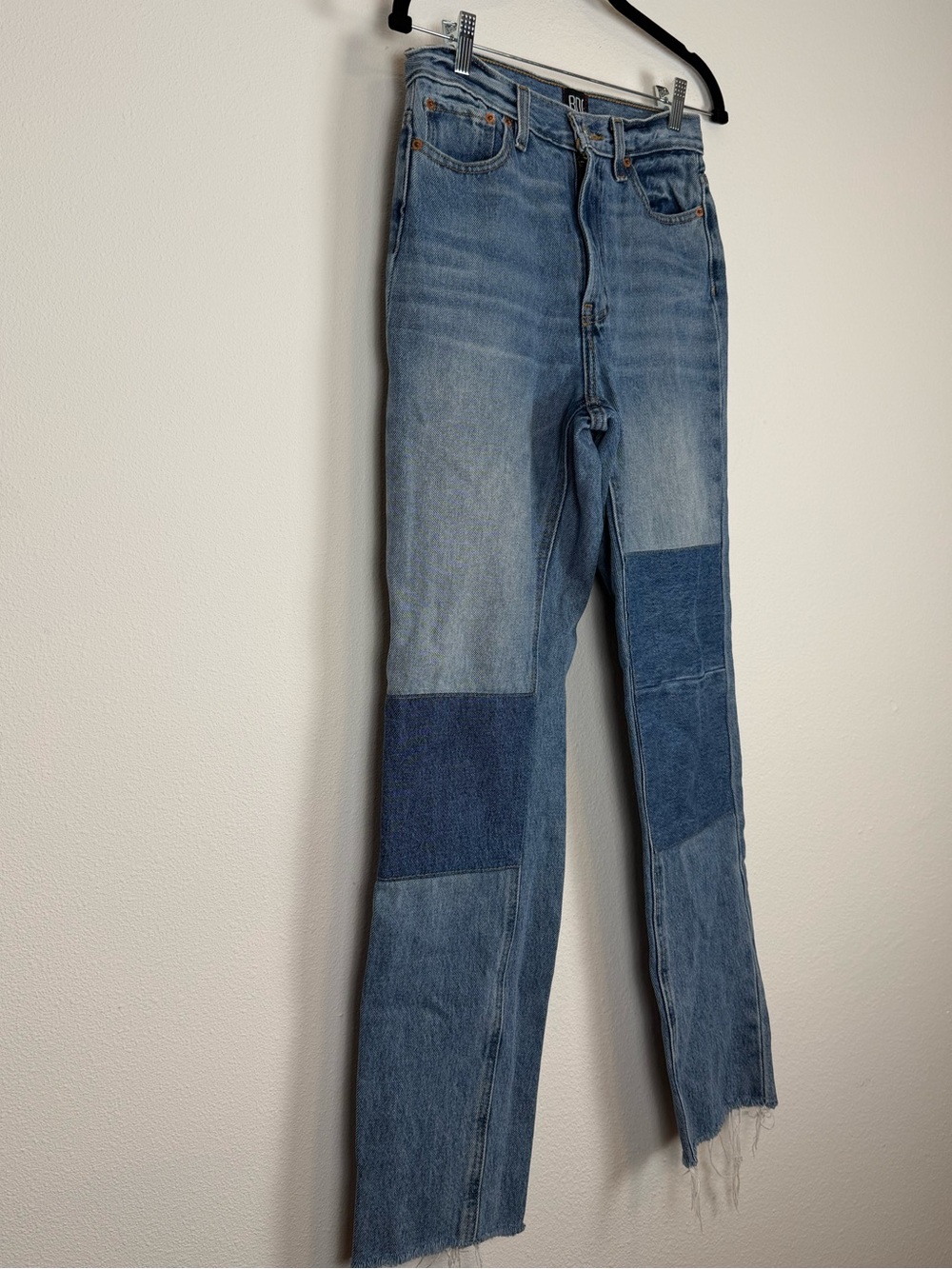 BDG Two-Tone Patchwork Blue Straight-Leg Jeans Size 26 Raw Hem